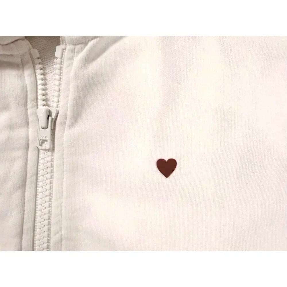 Brosbi White Zip Hoodie Icon Heart Minimalist Streetwear XXL Cotton French Terry